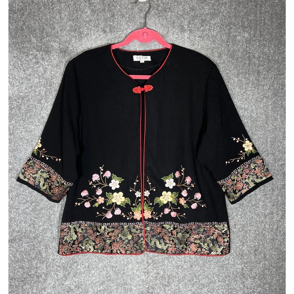 Vintage SMILE Floral Embroidered Asian One Button Cardigan Womens Size‎ XXXL